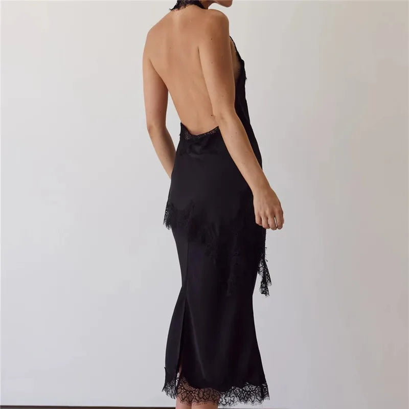 2 Piece Satin Halter Lace Trim Cowl Neck Backless Tops with Mid Length Slip Skirt Set For Women Party Cocktail Nightclub