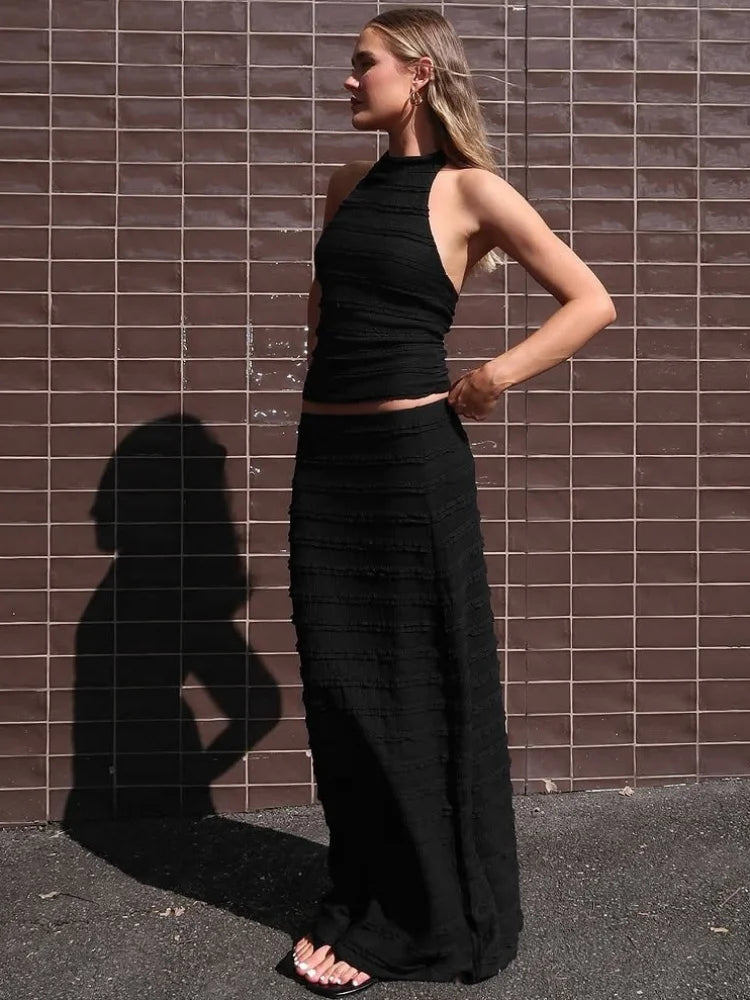 Sexy Two Piece Dress Frilly Long Skirt and Backless Halter Top Matching Sets Elegant Mermaid Outfit