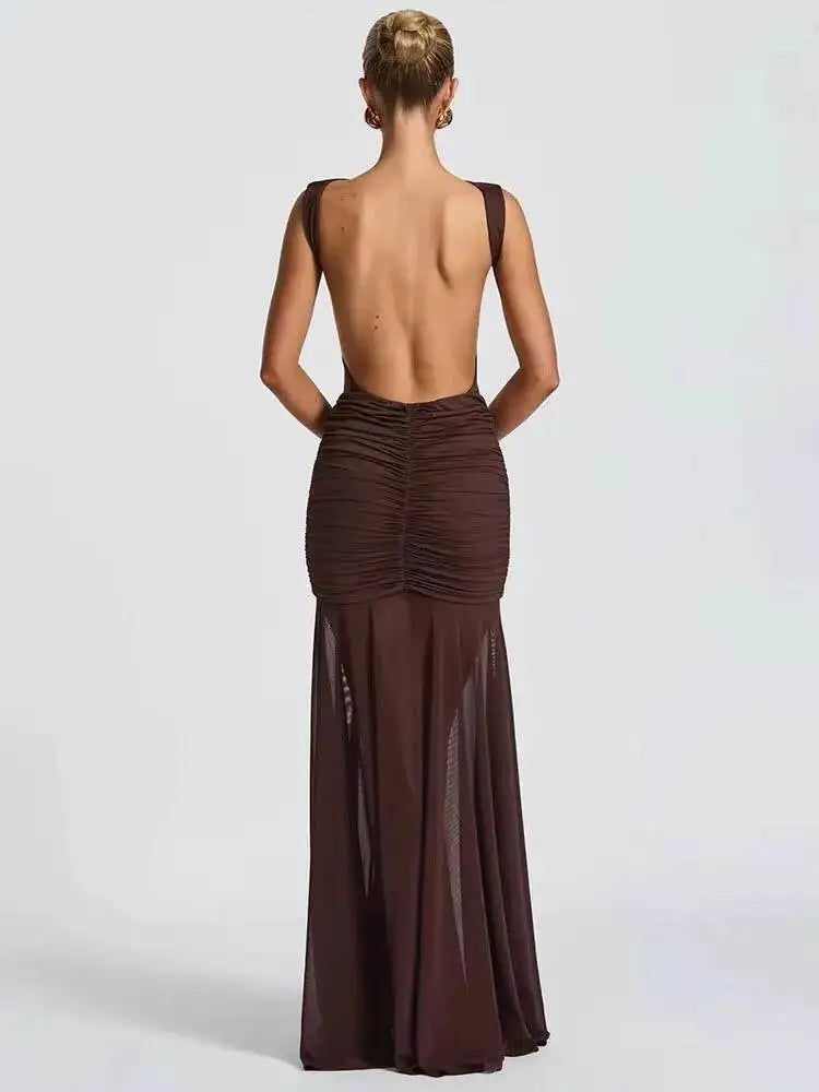 Metal Flower Backless Ruched Sexy Maxi Dress Women Gown Fashion Sleeveless Backless Bodycon Club Party Dress Elegant