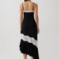 Women Spaghetti Strap V‑Neck Sexy Midi Dress Contrast White Lace Patchwork Ruffle Hem Bodycon Party Evening Dresses