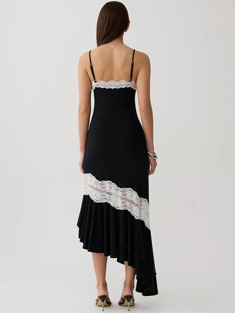 Women Spaghetti Strap V‑Neck Sexy Midi Dress Contrast White Lace Patchwork Ruffle Hem Bodycon Party Evening Dresses