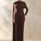Women Asymmetrical Draped One Shoulder Maxi Dress Long Sleeve Waist Ruched High Split Bodycon Club Party Party Dress