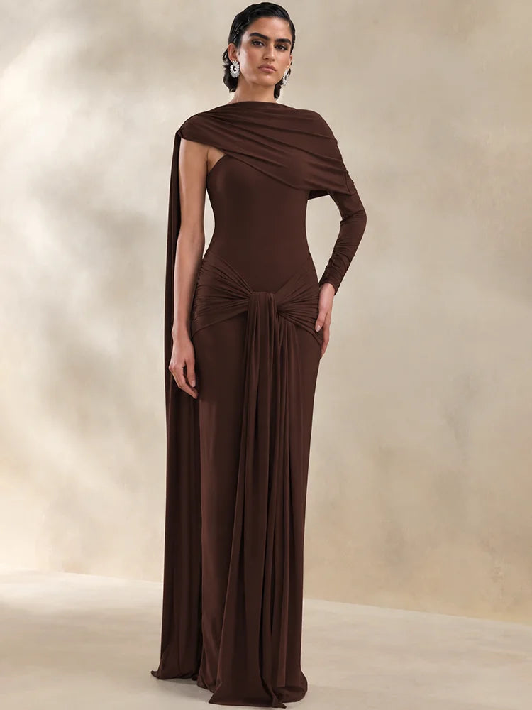 Women Asymmetrical Draped One Shoulder Maxi Dress Long Sleeve Waist Ruched High Split Bodycon Club Party Party Dress