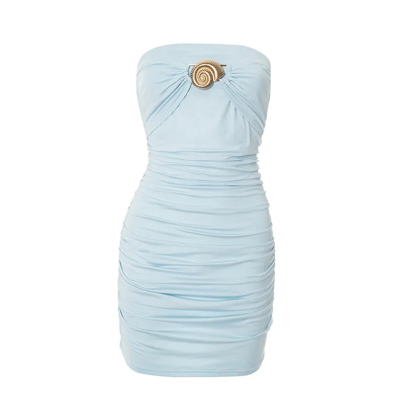 Hardwear Detail Tube Dress Sexy Resort Wear Blue Strapless Backless Ruched Mini Dresses for Woman Summer