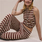 Striped Two Piece Loungewear Crew Neck Sleeveless Short Crop Top Wrap Cover Wide Leg Palazzo Pants Women Summer Set
