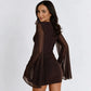 Deep V Neck Sheer Mesh Flare Sleeve Mini Dress Sexy Clothes Woman Black Club Dresses Fall 2026