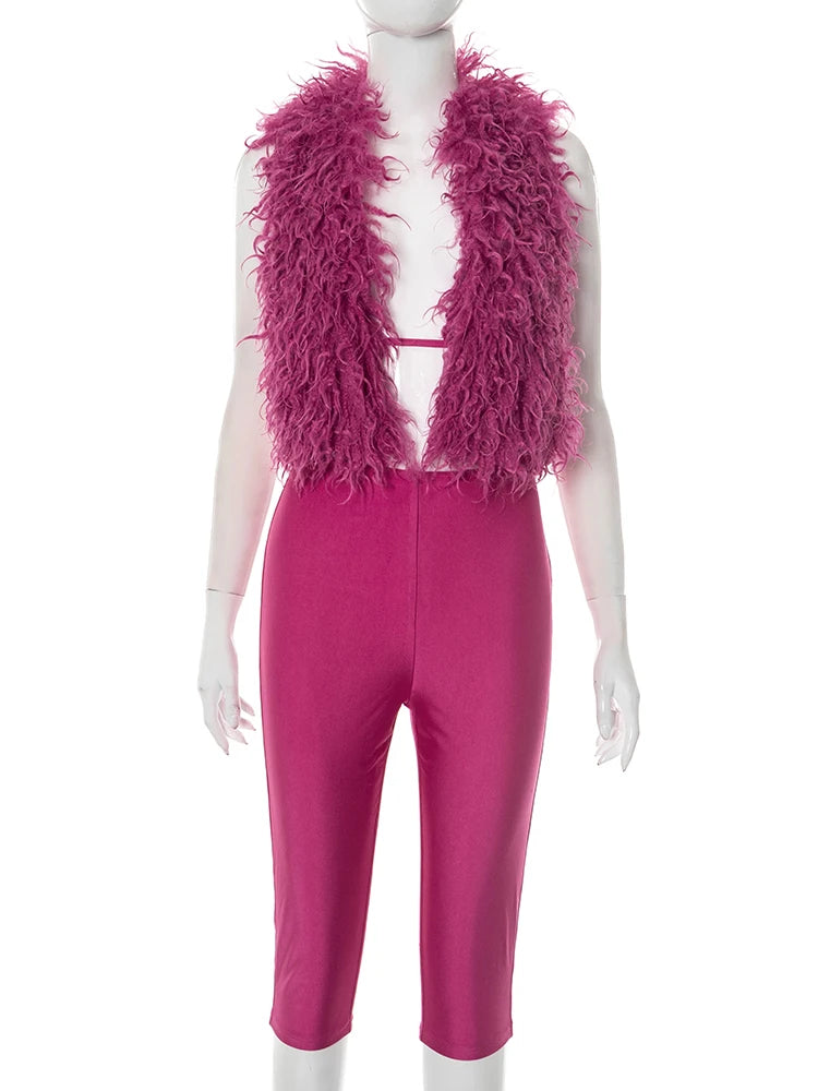 Sexy Furry 2 Piece Set Women Y2K Lace Up Halter Backless Tank Tops +Tight Shorts Matching Casual Activity Streetwear