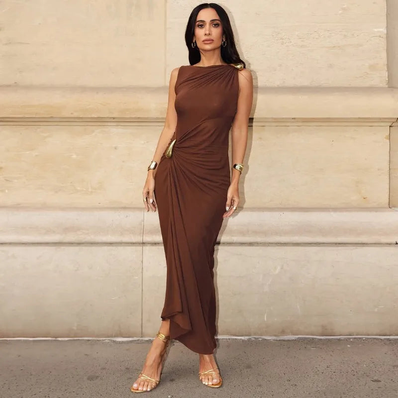 Hardwear Detail Ruched Sleeveless Long Dresses Womens Fashion Elegant Party Maxi Dress Wedding Guest