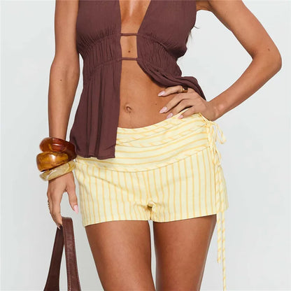 Summer Vacation Low Waist Shorts Women Fold Over Waistband Side Tie Ruched Striped Solid Casual Beach Mini Short Pants
