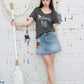 "66" Number Print Ruched Baby Tee, Curved Hem Fitted T-Shirt