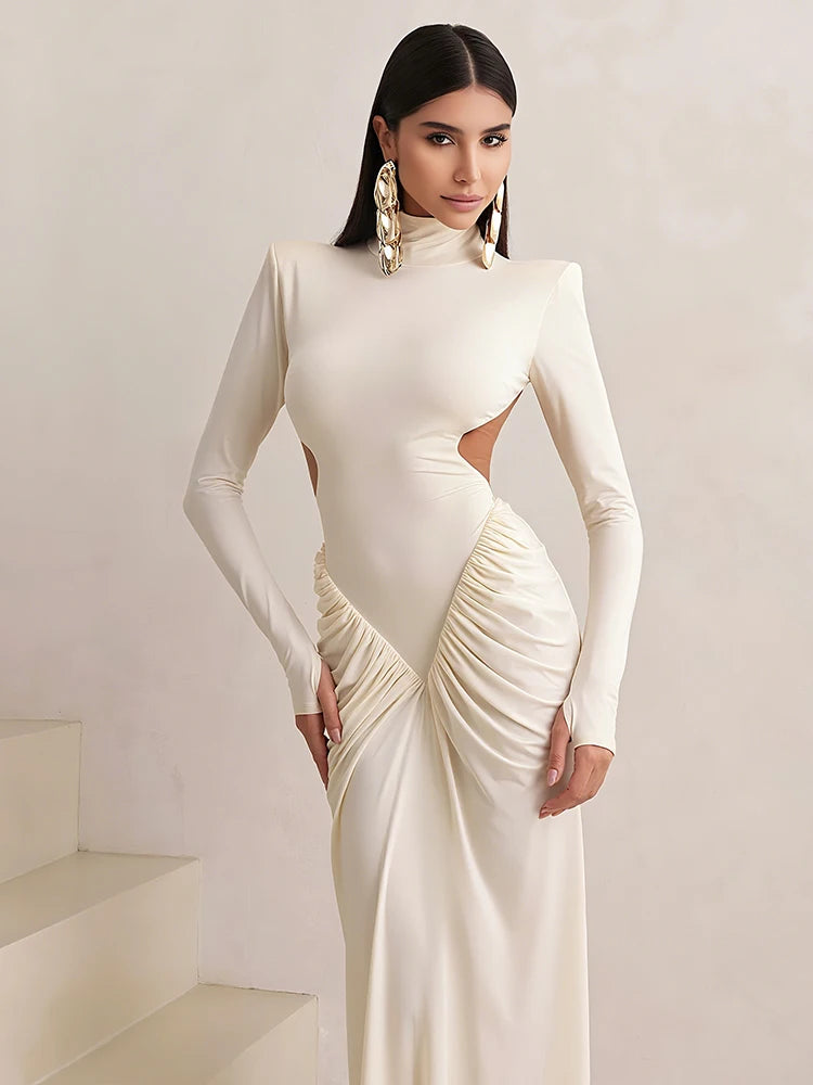 Backless Maxi Dress Women Shoulder Pads Long Sleeve Waistless Peach Buttocks Ruched Elegant Banquet Skinny Vestidos