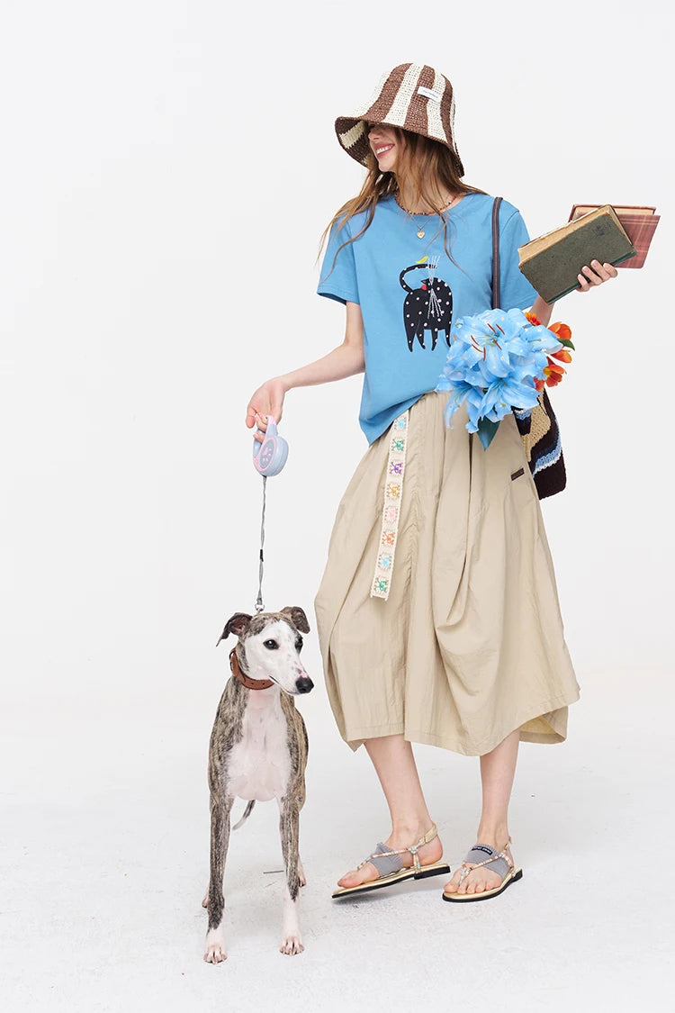 Cat Print Short Sleeve T-Shirt, Casual Round Neck Tee, Basic Daily Top for Women