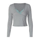 Lace Trim V Neck Long Sleeve Top Gray T Shirt Fashion 2026 Woman Fall Clothes