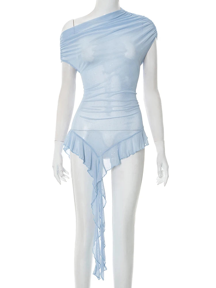 Sexy Sequins Glitter Skew Collar Crop Tops Women Irregular Ruffles Tassel Midnight Coquette Club Summer Trend Tees