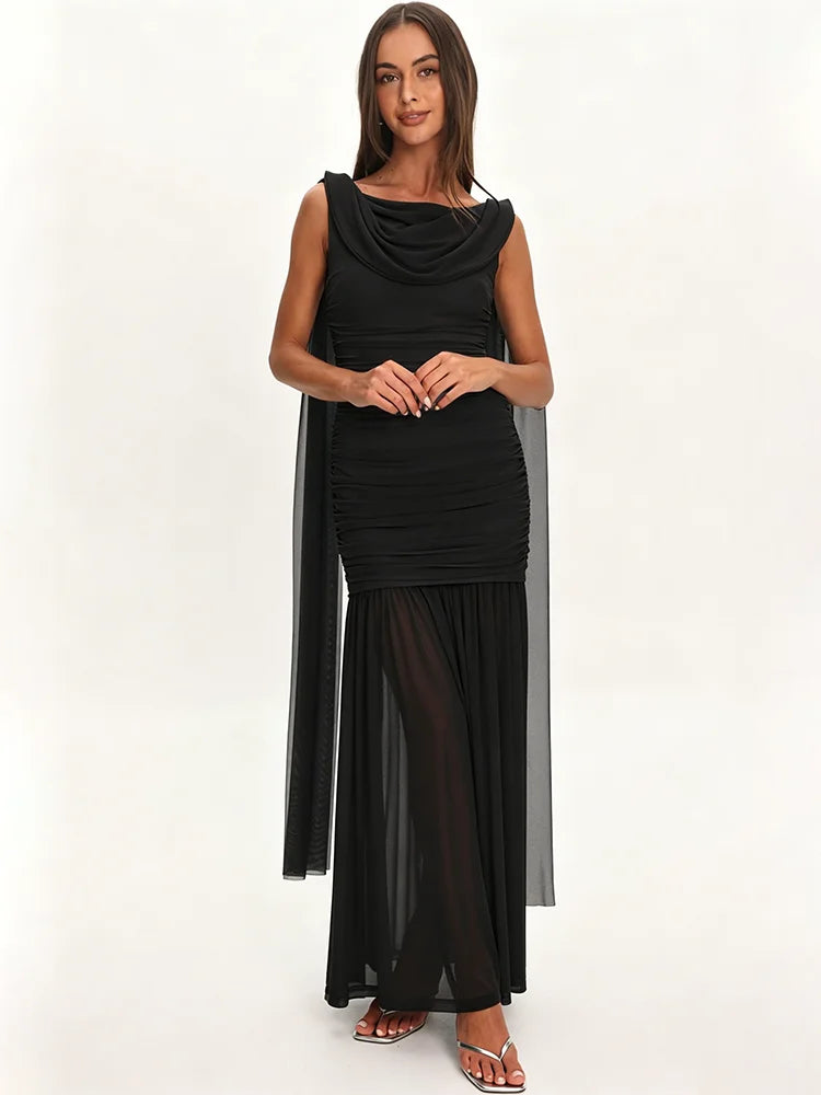 Women Draped Cowl Neck Mesh Maxi Dress Sleeveless Ruched Bodycon Long Dress Side Split Flowy Party Evening Long Dresses