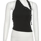 Sexy Hipster Hollow 3-Piece Set Women Biased Collar Backless Tank Tops+Rivet Waistband+Simple Shorts Midnight Suit