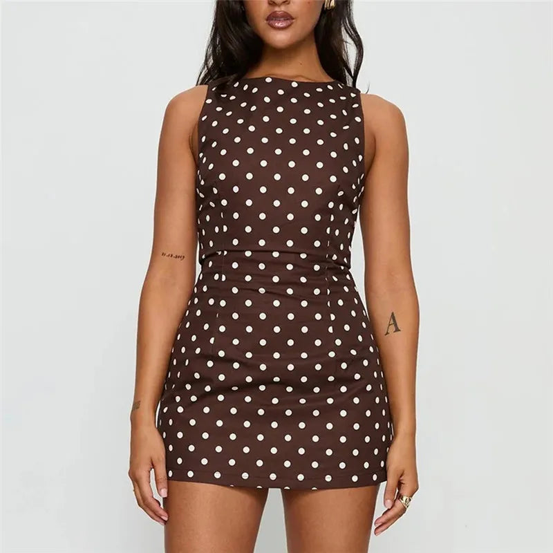 Women’s Summer Tank Mini Dress Elegant Ladies Sleeveless Crew Neck Polka Dots Print Dress Sexy Tie Back Short Sundress