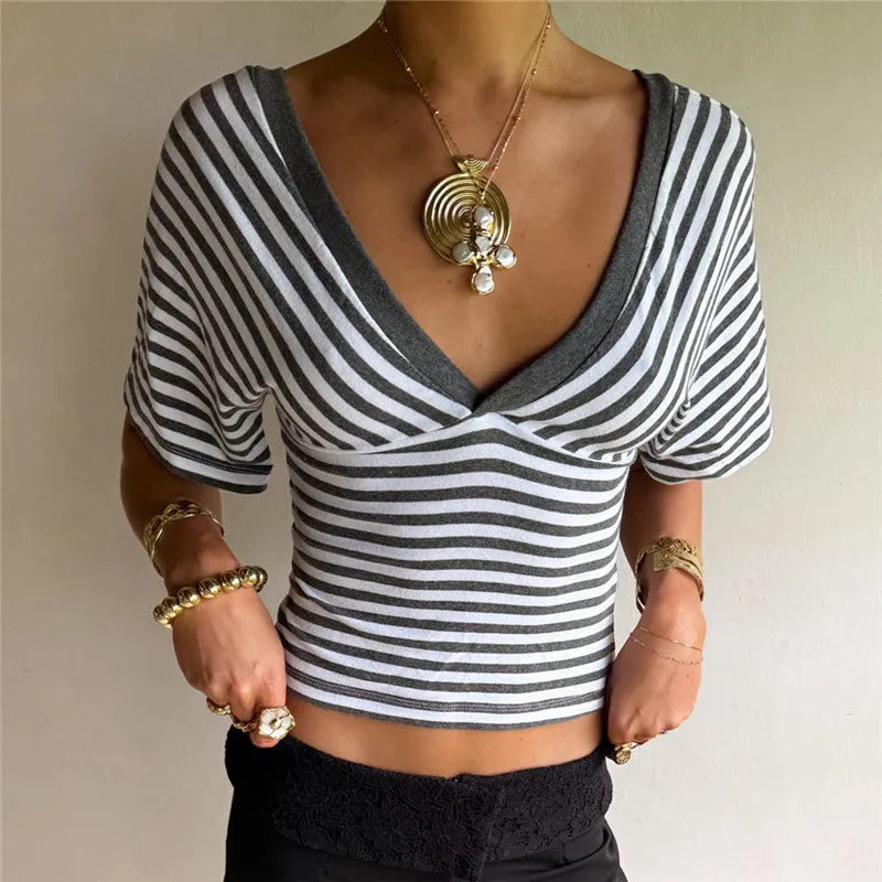 Retro Striped V Neck Crop Top Women Cross Wrap Short Sleeve T Shirt Low Back Slim Fit Striped Tee Y2K Aesthetic Outfits
