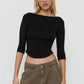Womens Basic Solid Crop Top Boat Neck Three Quarter Sleeve Slim Fitted Curved Hem Y2K Casual Daily Streetwear Blouse