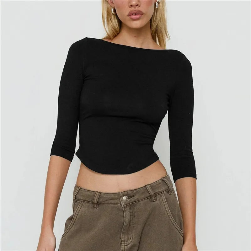 Womens Basic Solid Crop Top Boat Neck Three Quarter Sleeve Slim Fitted Curved Hem Y2K Casual Daily Streetwear Blouse