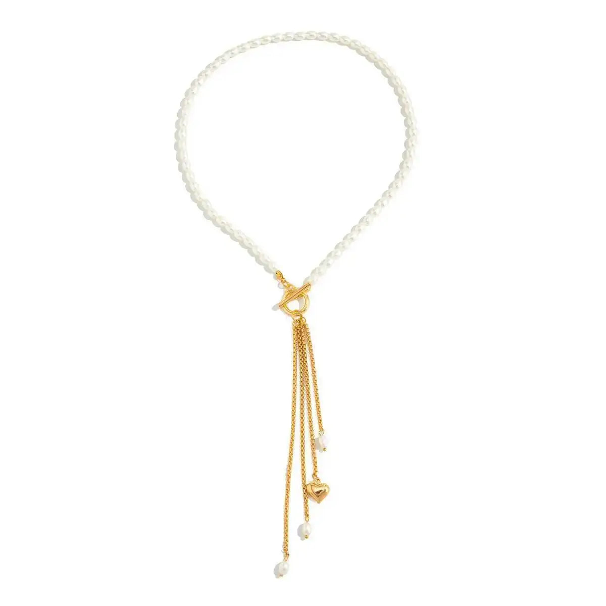 Women's Bohemian Imitation Pearl Necklace with Love Heart Pendant Baroque Sweater Chain Daily Wear Jewelry Accessory