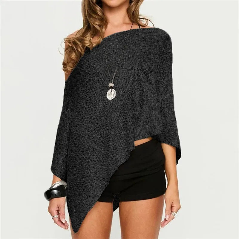 Women's Knit Vacation Beach Cover-Ups Summer Casual Loose Fit Stylish Solid Color Irregular Hem Boat Neck Shawl Tops
