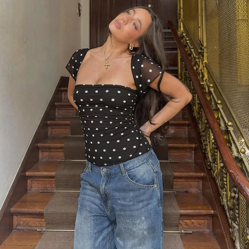 Retro Cap Sleeve Mesh Top in Black Polka Dot French Style Square Neck Fitted Tshirt Woman Clothes