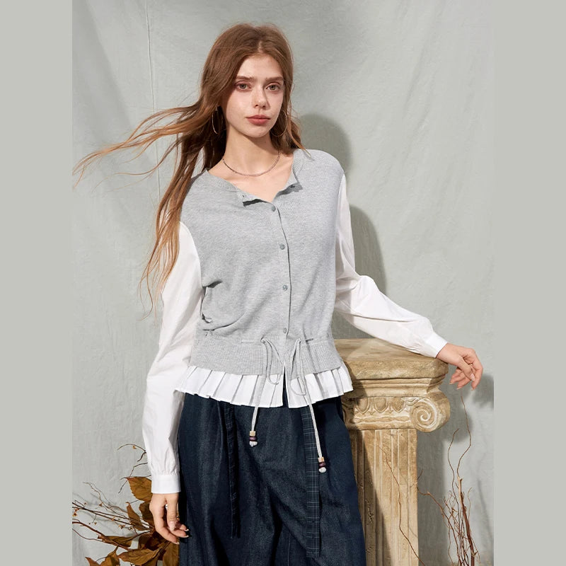 Women's Contrast Patchwork Cardigan with Drawstring Waist, Round Neck Long Sleeve Casual Top for Everyday Wear