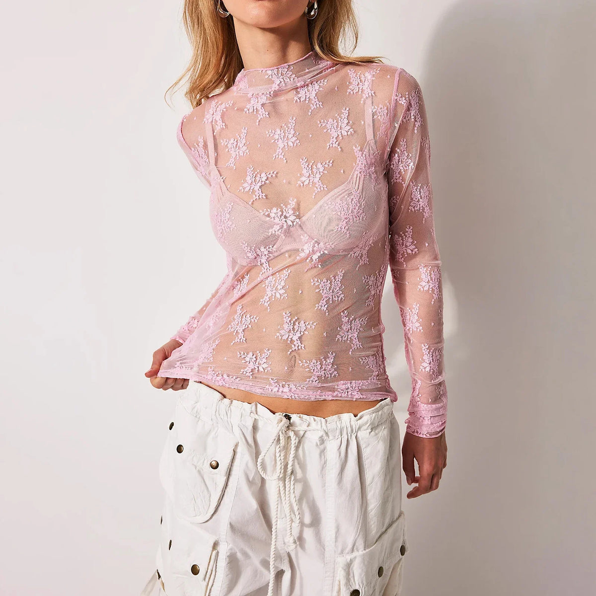 Women's Lace Layering Top Long Sleeve Sheer Mesh Mock Neck Undershirt Y2K Lace Floral Tops See Through Shirt Blouse