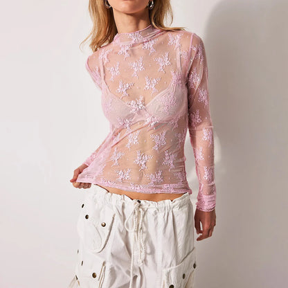 Women's Lace Layering Top Long Sleeve Sheer Mesh Mock Neck Undershirt Y2K Lace Floral Tops See Through Shirt Blouse