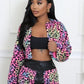 Colorful Leopard Print 2 Piece Set Women Plush Cardigan Long Sleeve Crop Coat+Leather Patchwork Mini Shorts Wild Suit