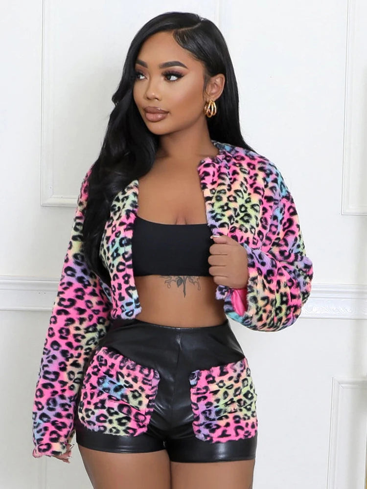 Colorful Leopard Print 2 Piece Set Women Plush Cardigan Long Sleeve Crop Coat+Leather Patchwork Mini Shorts Wild Suit