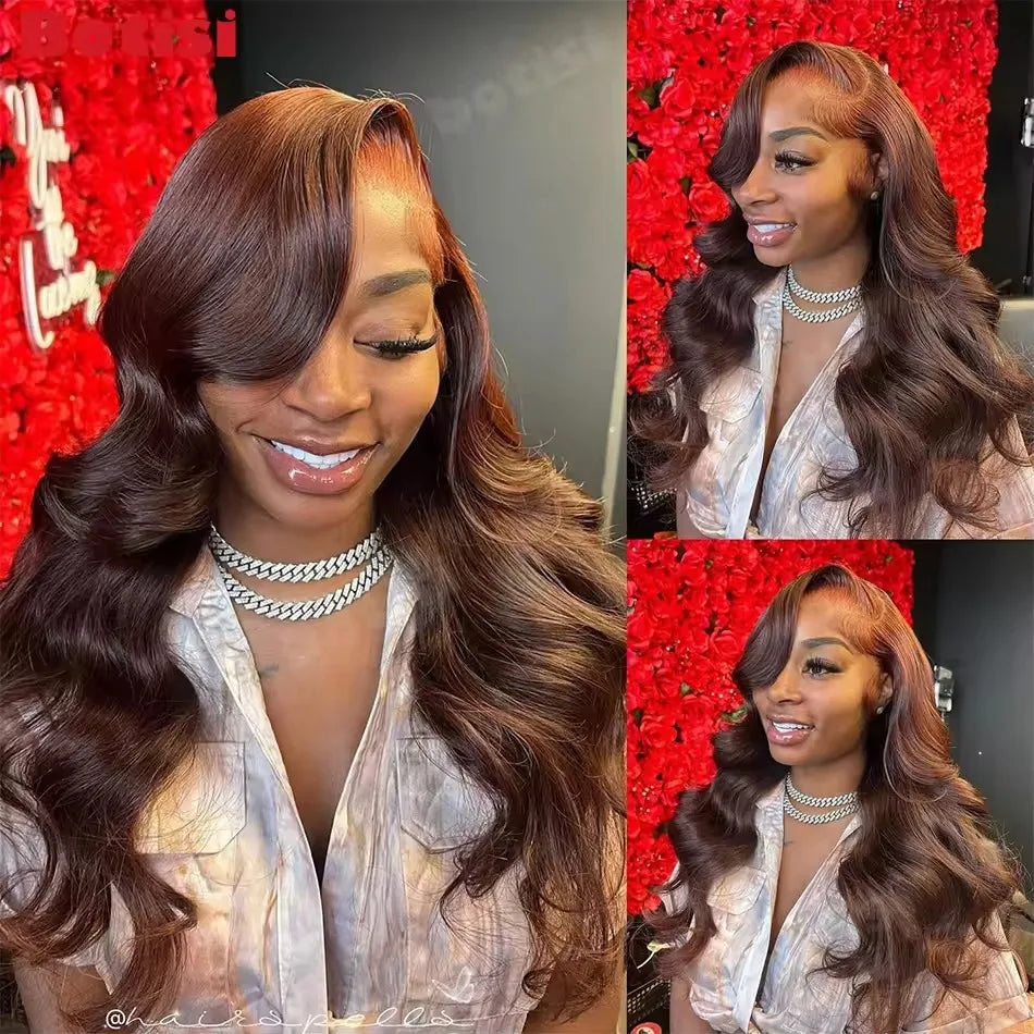 200Density HD Chocolate Brown Body Wave 13x6 13x4 Lace Frontal Remy Human Hair Wig For Women