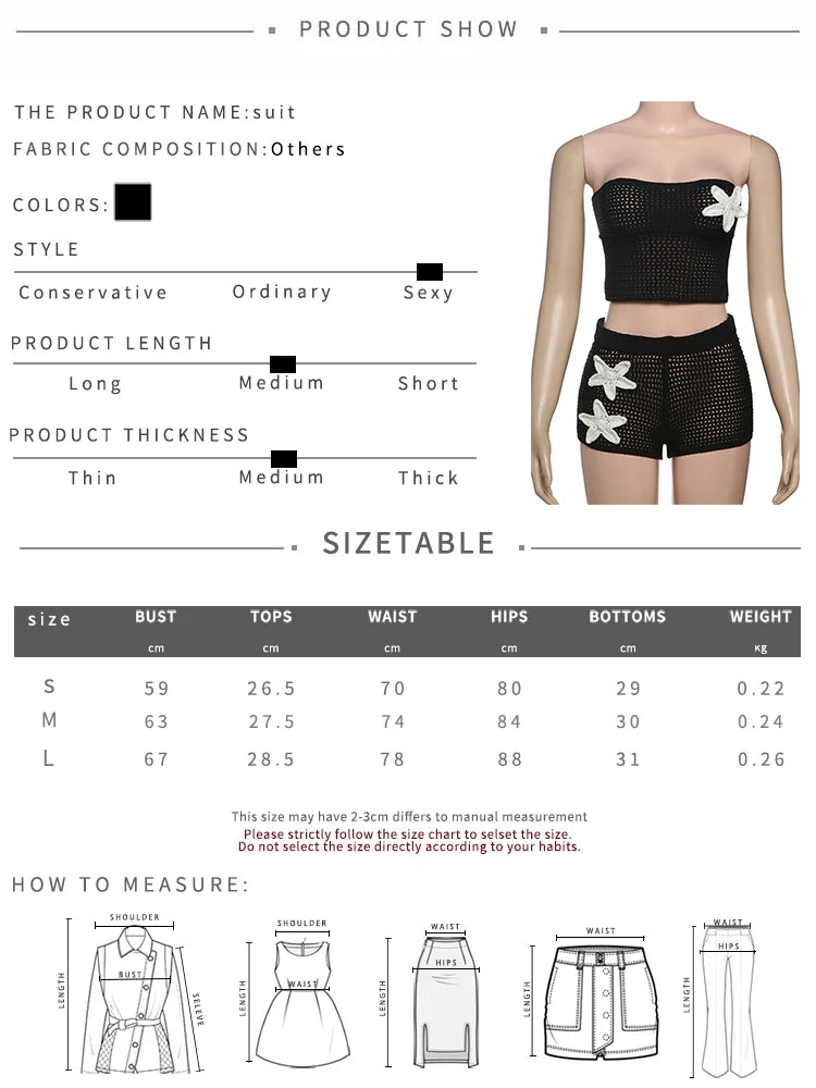 Crochet Women 2 Piece Set Sexy Applique Hollow Beach Back Bandage Strapless Tops+Shorts Midnight Vacation Clubwear