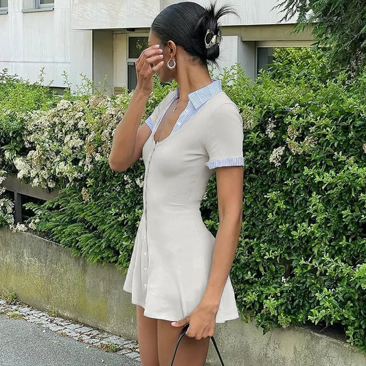 Fashion Patchwork Button Up Short Sleeve Shirt Dress Woman Clothes Office Casual White Black Grey Mini Dress