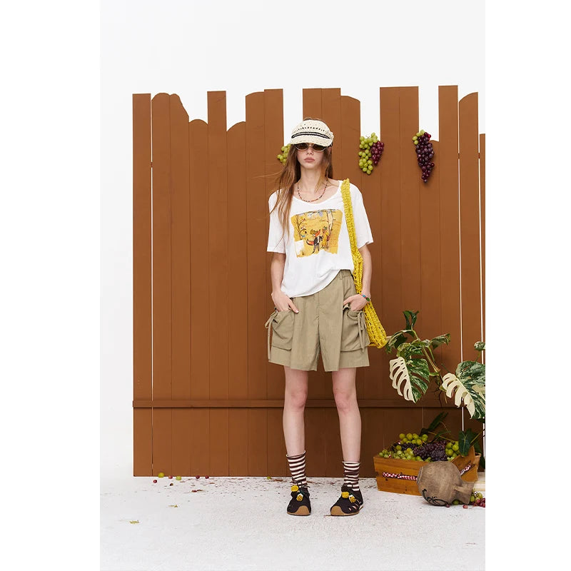 Fox Print Oversized T-Shirt, White Short Sleeve Tee Casual Cartoon Graphic Top