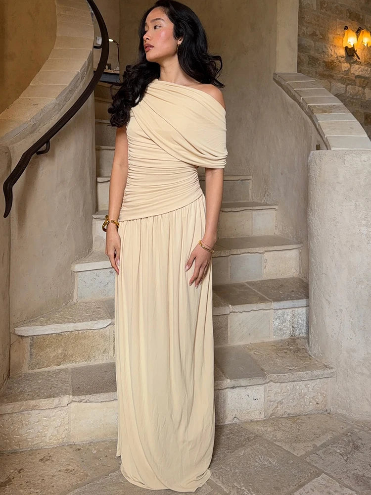 Inclined Shoulder Dress Women Y2K Sexy Irregular Patchwork Ruched Stretch Summer Elegant Classic Vestidos Clubwear