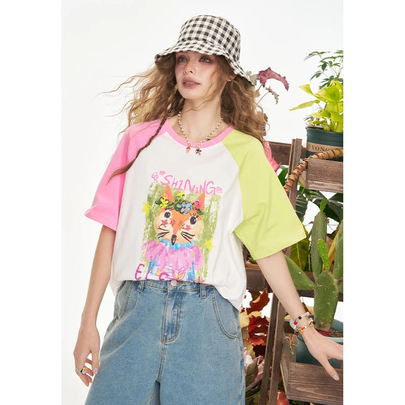 Playful Cartoon Fox Print Raglan T-Shirt, Color Block Short Sleeve Graphic Tee, Casual Cute Loose Top for Women