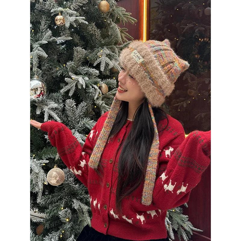 Cute Sweet Cat Ear Pom Pom Plush Warm Knit Beanie For Women