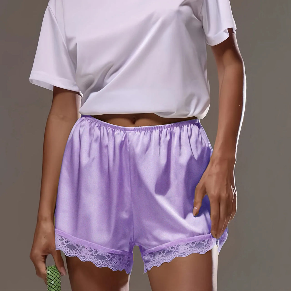 Lace Trim Satin Shorts for Women Silky Elastic Waist Mini Shorts Casual Lounge French Knickers Slip Boxer Pj Bottoms