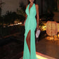 Elegant Backless Dress Women Deep V-Neck Halter Ruched Split Mesh Patchwork Sexy Party Club Peach Buttocks Vestidos