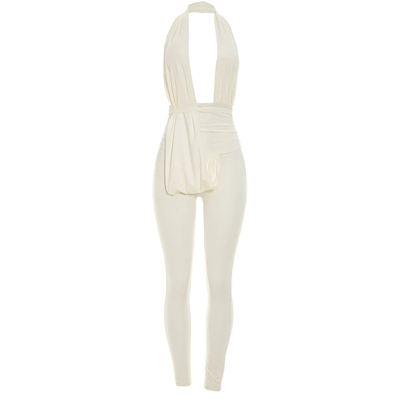 Sexy Backless Jumpsuits Woman Halter Deep V-Neck Sleeveless Skinny Peach Hip Midnight Club Party Fashion Overalls