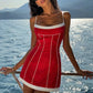 Contrast Color Patchwork Sling Dress Woman Summer Trend Low-Neck Backless Shape Waist Vacation Elegant Mini Bodycon