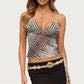 hirgin Y2K Vintage Zebra Stripe Sheer Mesh Crop Cami Women Deep V Wrap Front Scallop Hem Slim Fit Sleeveless Streetwear Tank Top