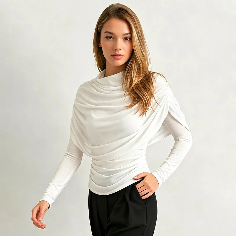 Elegant Draping Mesh Long Sleeve Tops for Woman Clothing Casual Solid Color Fitted T Shirts Fall 2026