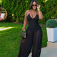 Backless Cross Bandage Jumpsuit Women Sleeveless Low-Neck Folds Patchwork Mesh Lantern Pant Leg Sexy Midnight Outfit