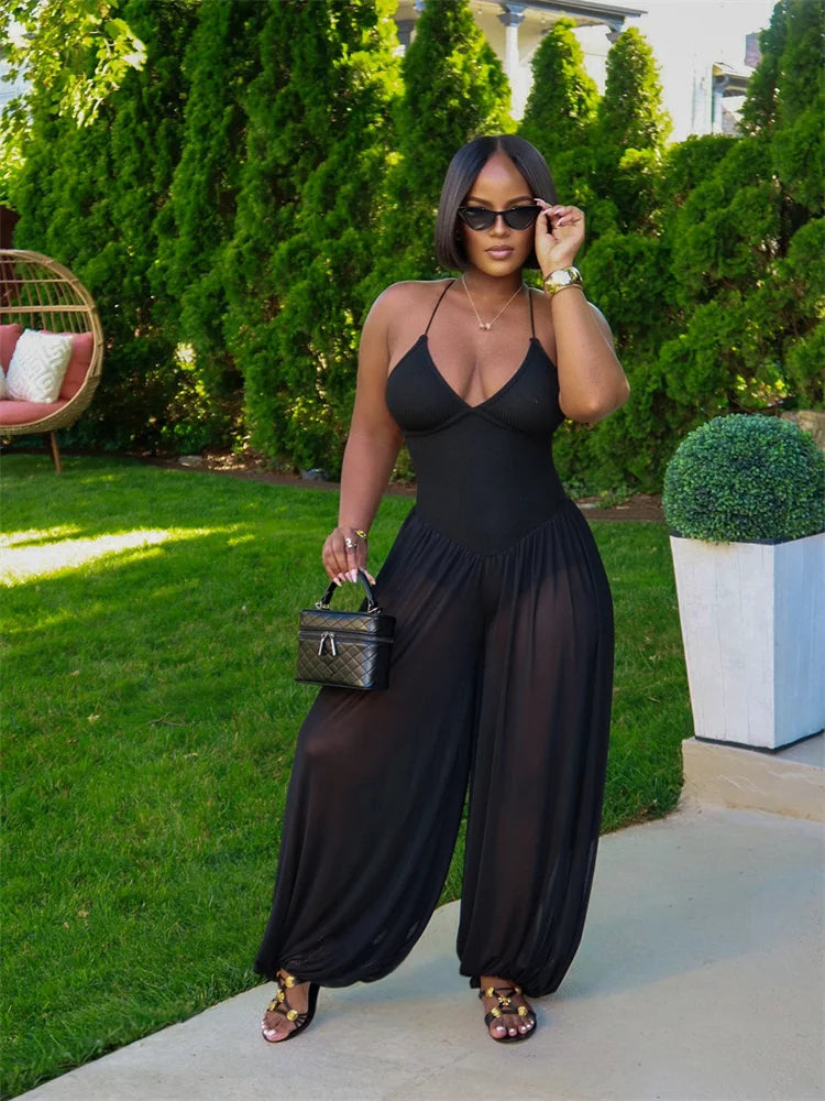 Backless Cross Bandage Jumpsuit Women Sleeveless Low-Neck Folds Patchwork Mesh Lantern Pant Leg Sexy Midnight Outfit