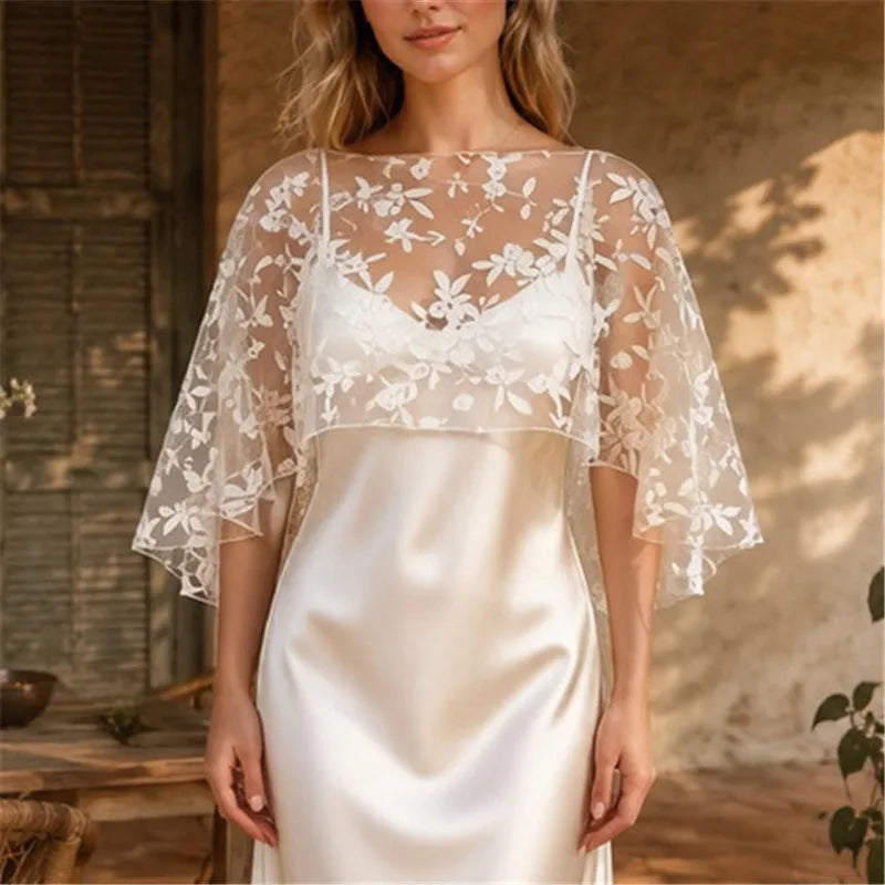 Women Floral Lace Tulle Cape Short Wedding Shawl Bell Sleeve Sheer Mesh Bolero Cover Up Bridal Evening Party Prom Shrug