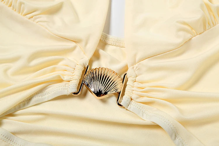 Seashells Decorative Dress Women Halter Deep V-Neck Backless Sleeveless Vacation Fashion Beach Party Long Bodycon