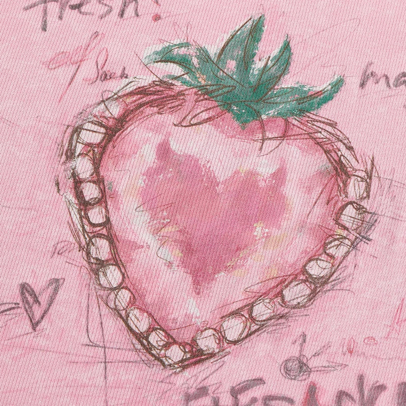Women's Fitted Square Neck T-Shirt with Sketch Strawberry Heart Graphic Print, Cap Sleeve Ruched Crop Tee for Summer